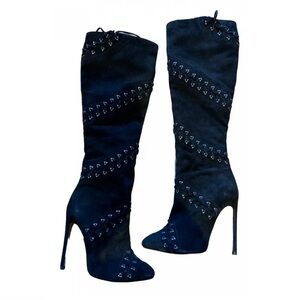 Alaïa Navy Suede Lace-Up Heeled Boots - Never Worn - Size 38.5